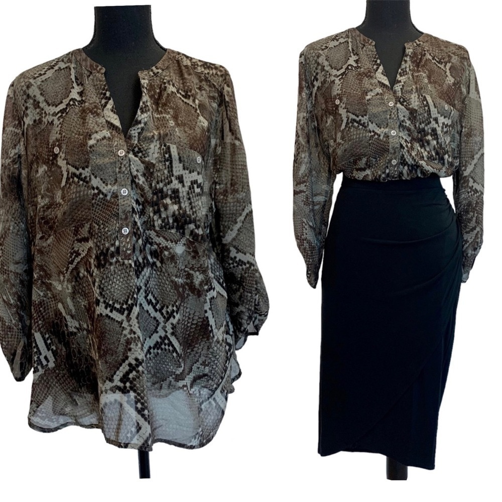 FRED David Khaki brown gray snake print sheer button front blouse Sz L